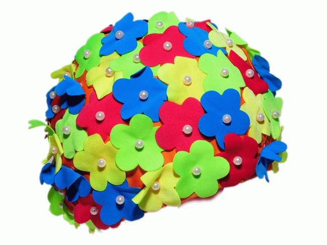 Шапочка для плавания текстильная, с нашивными цветами и бисером, на подкладочной ткани МАО-10