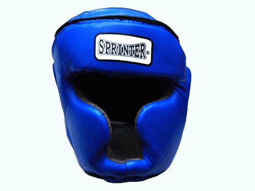 Боксерский шлем с защитой головы круглый верх размер S. Материал:  натуральная кожа снаружи, кожзаменитель изнутри. Глухая защита верхней части головы, сзади застежка на одной липучке.